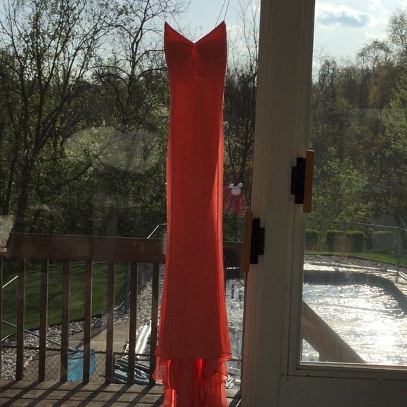 Soft Peach beaded gown with train. Size 10. Purse and chiffon wrap included. - Picture 1 of 12